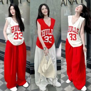 Women's Summer Loose V-neck Sleeveless T-shirt Drooping Wide-leg Pants Casual Street Style Two-piece Set