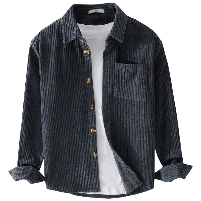 Winter Corduroy Shirt With Pocket Fashion Lapel Button Long Sleeve Top Men's Clothing - Image 3