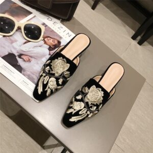 Women's Embroidered Suede Square Head Stiletto Heel Slippers
