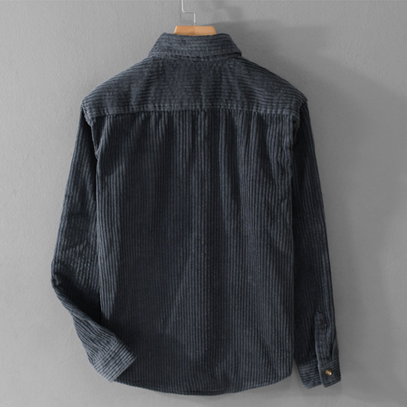 Winter Corduroy Shirt With Pocket Fashion Lapel Button Long Sleeve Top Men's Clothing - Image 5