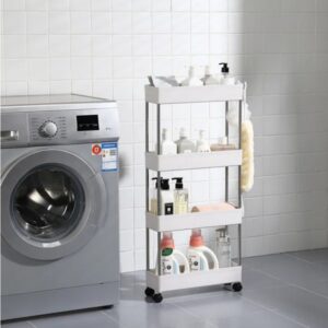 4 Tier Slim Storage Cart Mobile Shelving Unit Organizer Slide Out Storage Rolling Utility Cart Tower Rack For Kitchen Bathroom Laundry Narrow Places, Plastic & Stainless Steel, White