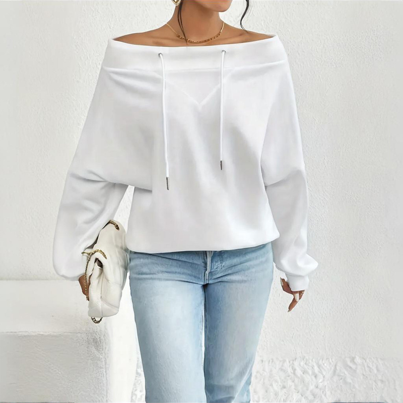 Plus Size Women's Solid Color Off-Shoulder Long Sleeve Pullover With Drawstring - Casual Ribbed Detail Top For Spring&Fall - Image 7