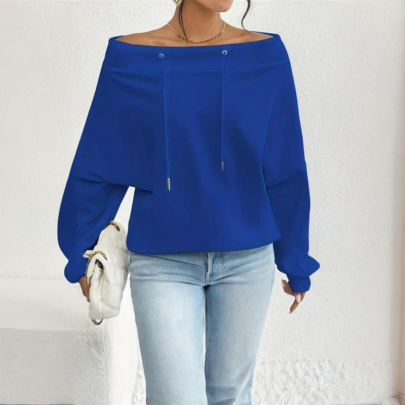 Plus Size Women's Solid Color Off-Shoulder Long Sleeve Pullover With Drawstring - Casual Ribbed Detail Top For Spring&Fall - Image 5