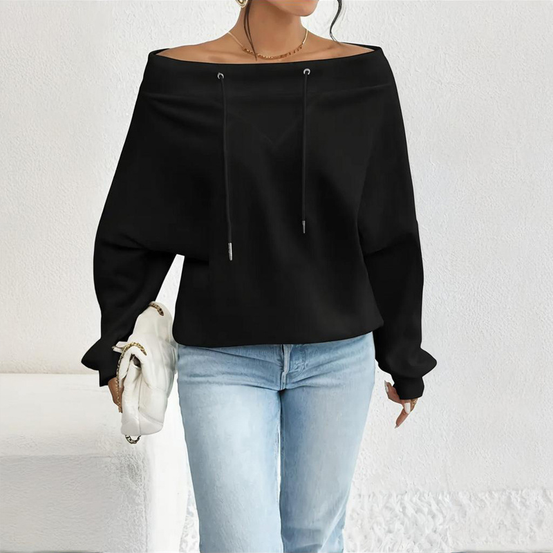 Plus Size Women's Solid Color Off-Shoulder Long Sleeve Pullover With Drawstring - Casual Ribbed Detail Top For Spring&Fall - Image 8