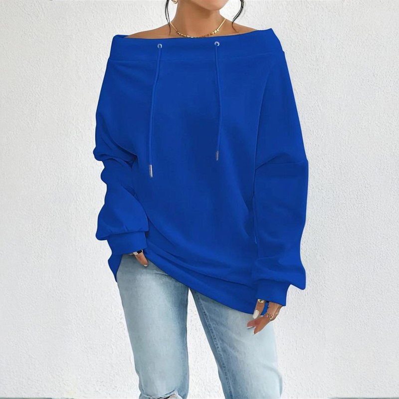 Plus Size Women's Solid Color Off-Shoulder Long Sleeve Pullover With Drawstring - Casual Ribbed Detail Top For Spring&Fall - Image 3