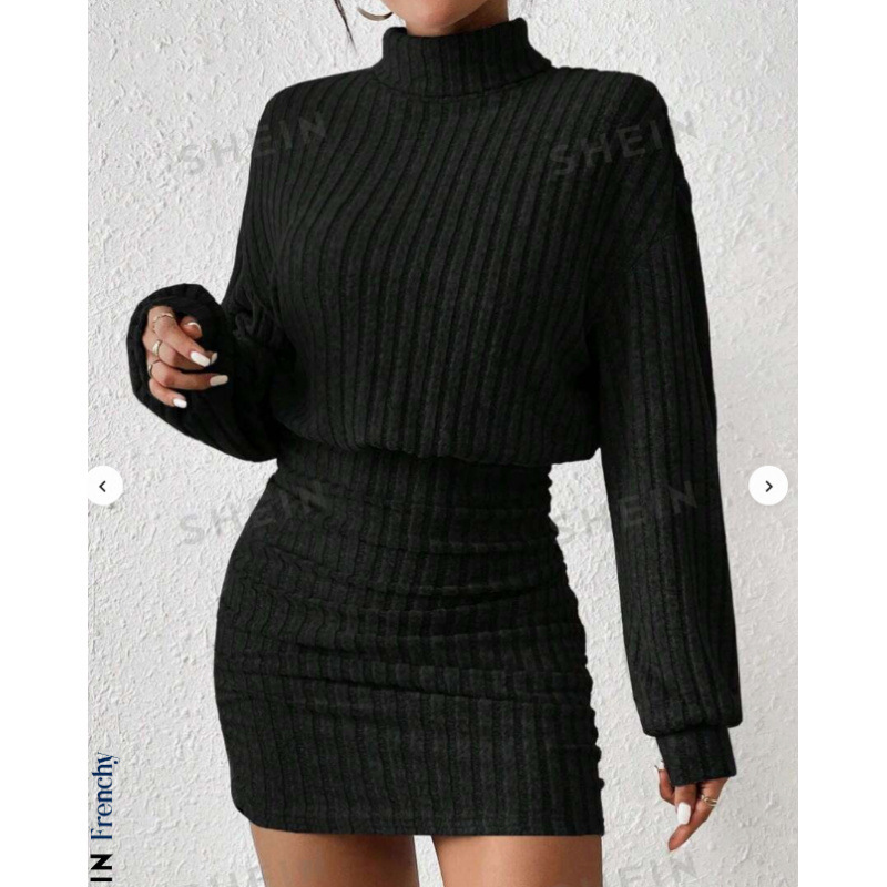 Sunken Stripe Turtleneck Sheath Long Sleeve Dress - Image 2