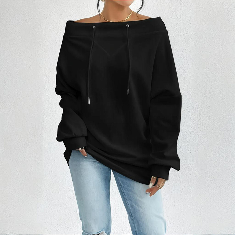 Plus Size Women's Solid Color Off-Shoulder Long Sleeve Pullover With Drawstring - Casual Ribbed Detail Top For Spring&Fall - Image 10