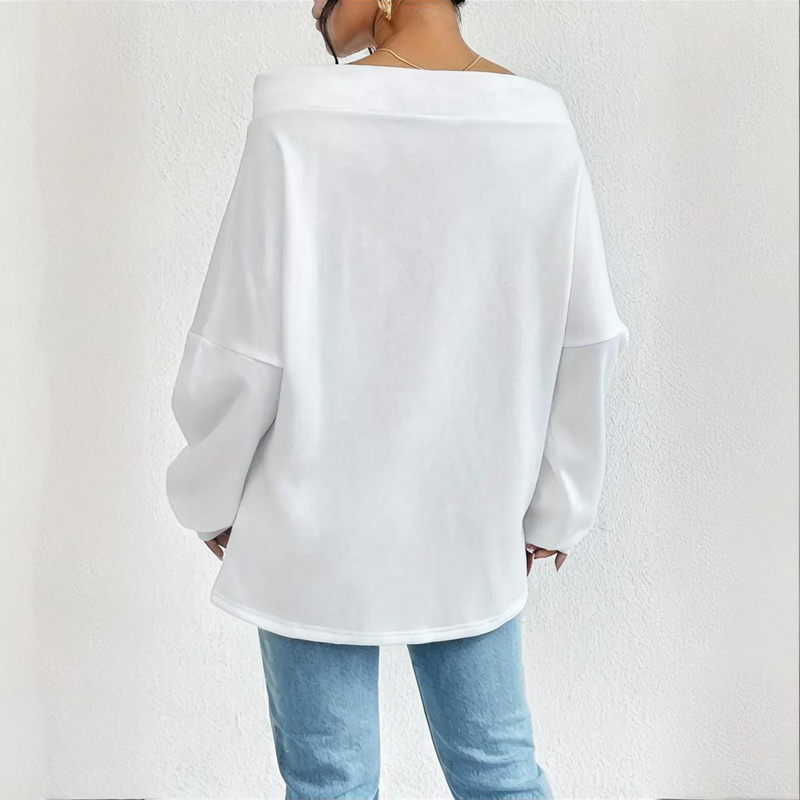 Plus Size Women's Solid Color Off-Shoulder Long Sleeve Pullover With Drawstring - Casual Ribbed Detail Top For Spring&Fall - Image 4