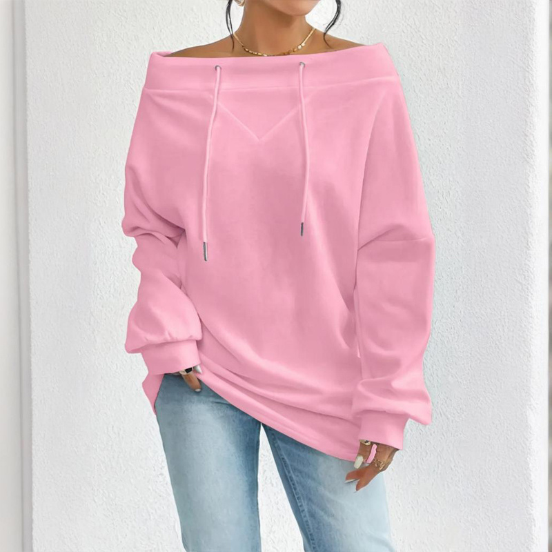 Plus Size Women's Solid Color Off-Shoulder Long Sleeve Pullover With Drawstring - Casual Ribbed Detail Top For Spring&Fall - Image 2