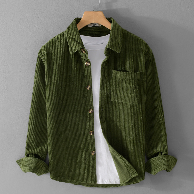 Winter Corduroy Shirt With Pocket Fashion Lapel Button Long Sleeve Top Men's Clothing - Image 2