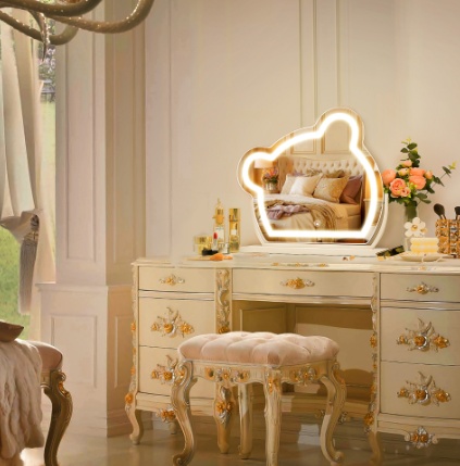 Bear LED Vanity Makeup Mirror Cute With Light Strip Touch Sensor Color Adjustable White Metal Removable Cosmetic - Image 5