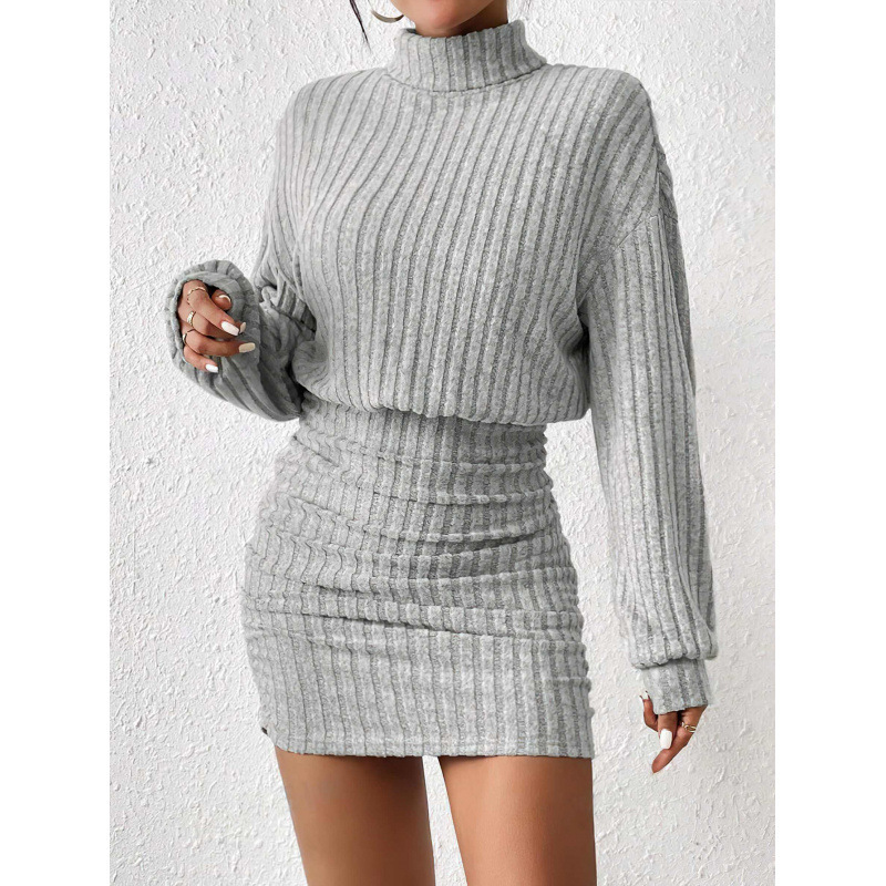 Sunken Stripe Turtleneck Sheath Long Sleeve Dress - Image 4