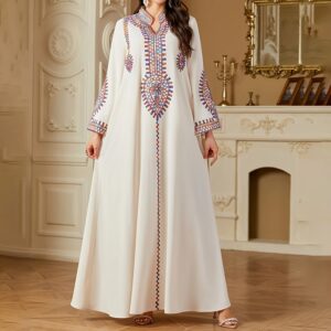 Elegant Women's Long Sleeve Floor-Length Dress - Stand Collar With Geometric Print & Sequins Detail Dress For Casual&Party Wear