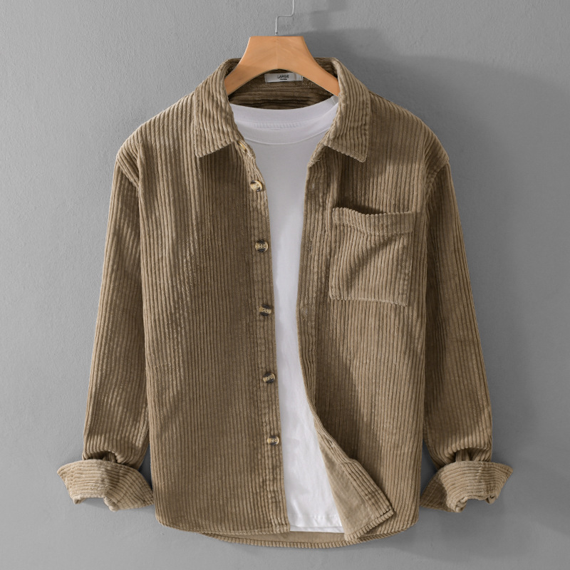 Winter Corduroy Shirt With Pocket Fashion Lapel Button Long Sleeve Top Men's Clothing