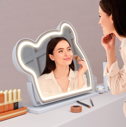 Bear LED Vanity Makeup Mirror Cute With Light Strip Touch Sensor Color Adjustable White Metal Removable Cosmetic - Image 2