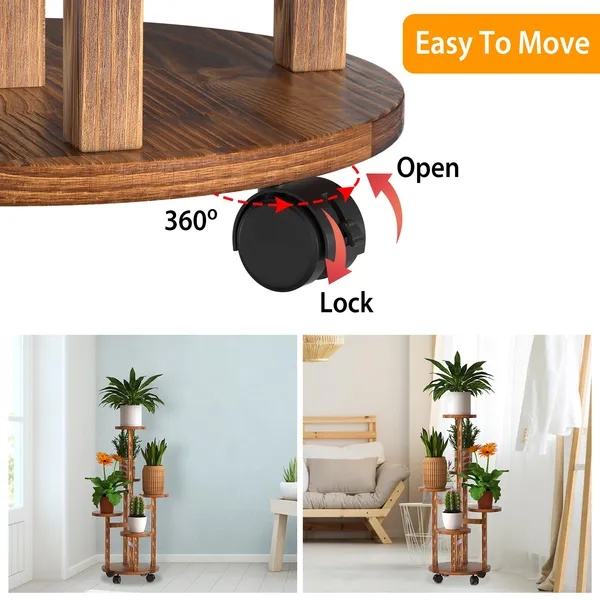 5 Tier Plant Stand With 4 Detachable Wheels Wooden Plant Pot Rolling Shelf Plant Display Rack For Indoor Outdoor Decoration - Image 3