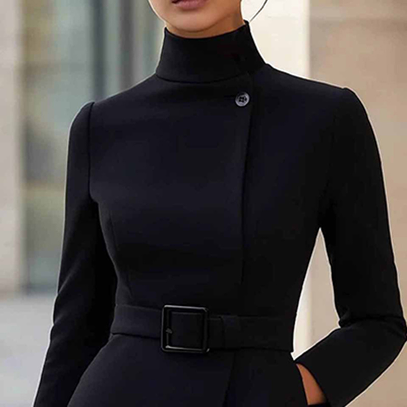 Women's Stand Collar Long Sleeve Dress, Elegant High Waist Belted Midi Dress, Slim Fit Office Formal Dress - Image 7