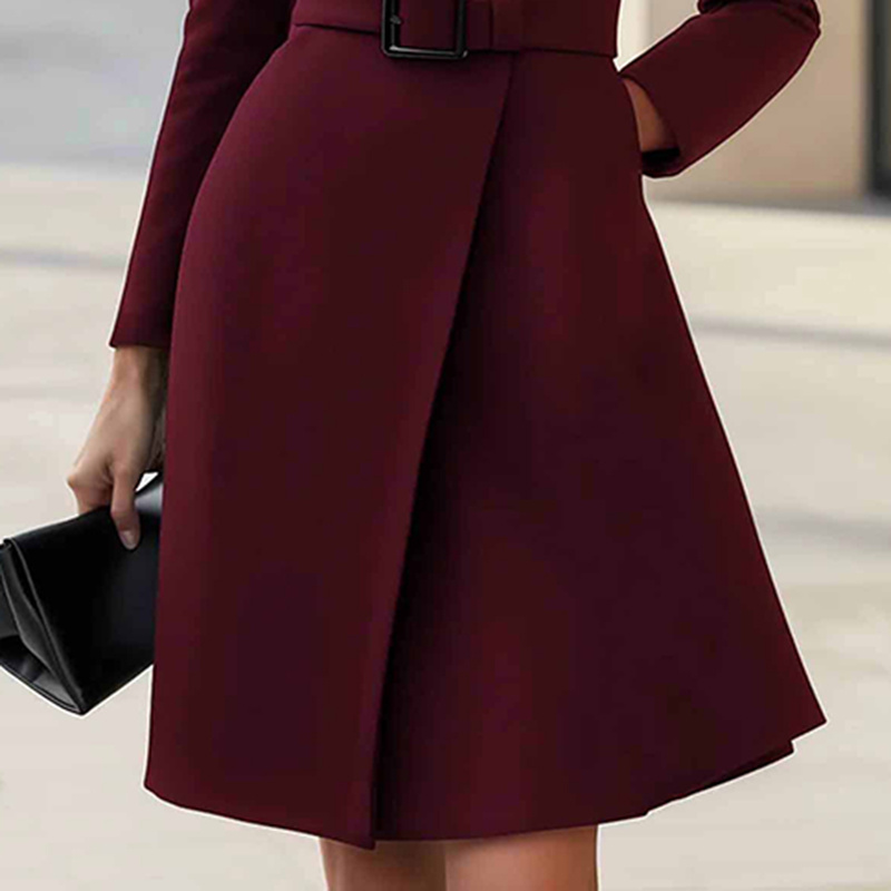 Women's Stand Collar Long Sleeve Dress, Elegant High Waist Belted Midi Dress, Slim Fit Office Formal Dress - Image 5