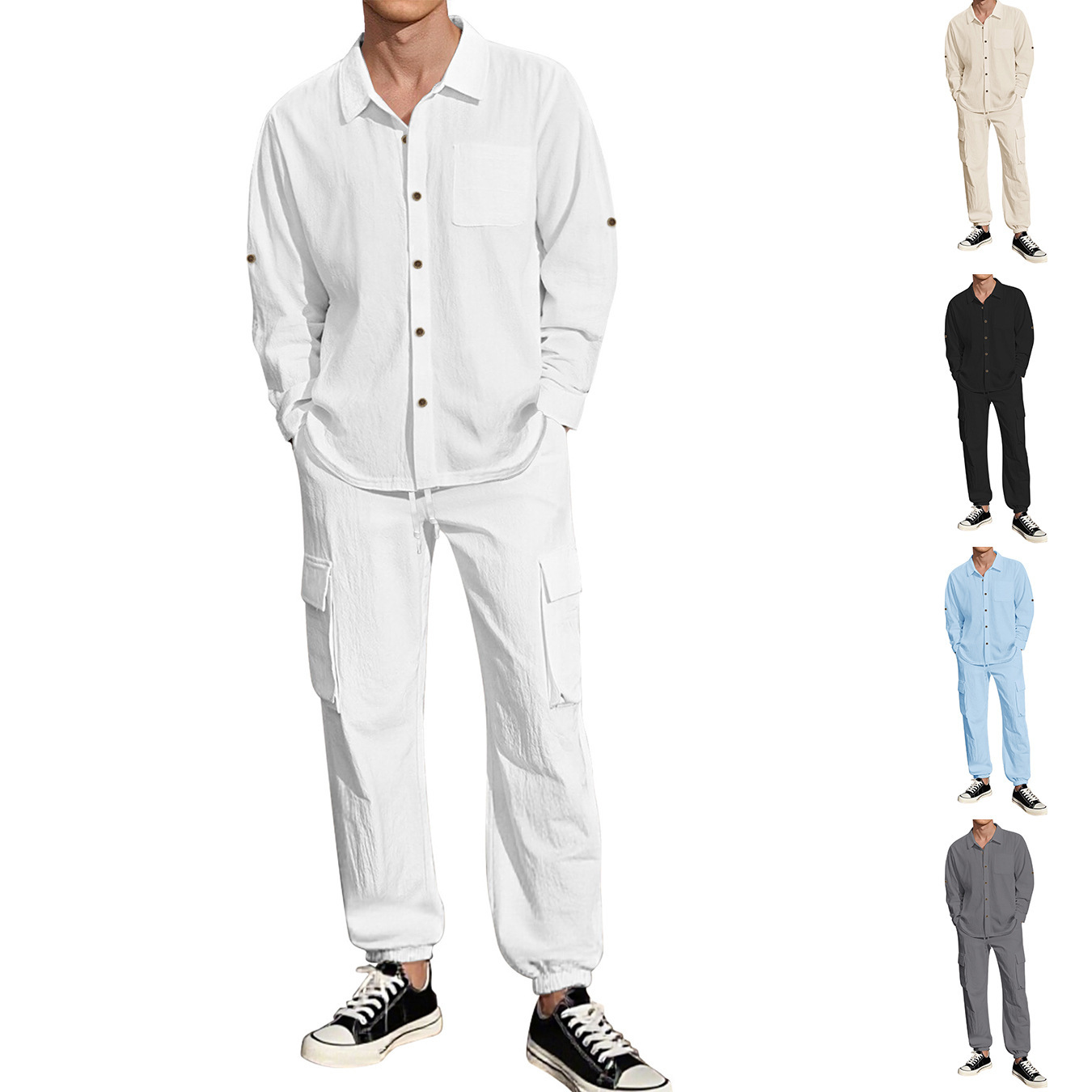 Long Sleeve Lapel Linen Shirt Overalls Suit - Image 8