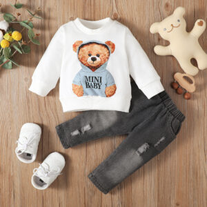 Bear Floral Print Long Sleeve Pullover And Denim Trousers Suit