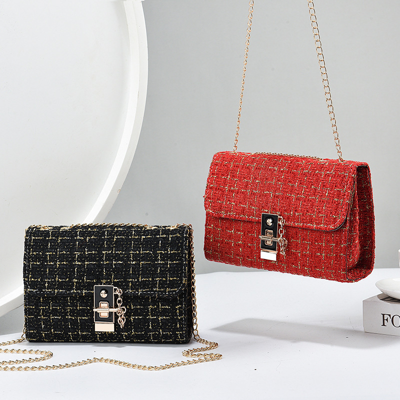 Woolen Twist Lock Shoulder Bag Versatile Women's Bag Gold Silk Contrast Color - Image 2