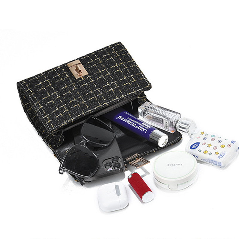 Woolen Twist Lock Shoulder Bag Versatile Women's Bag Gold Silk Contrast Color - Image 3