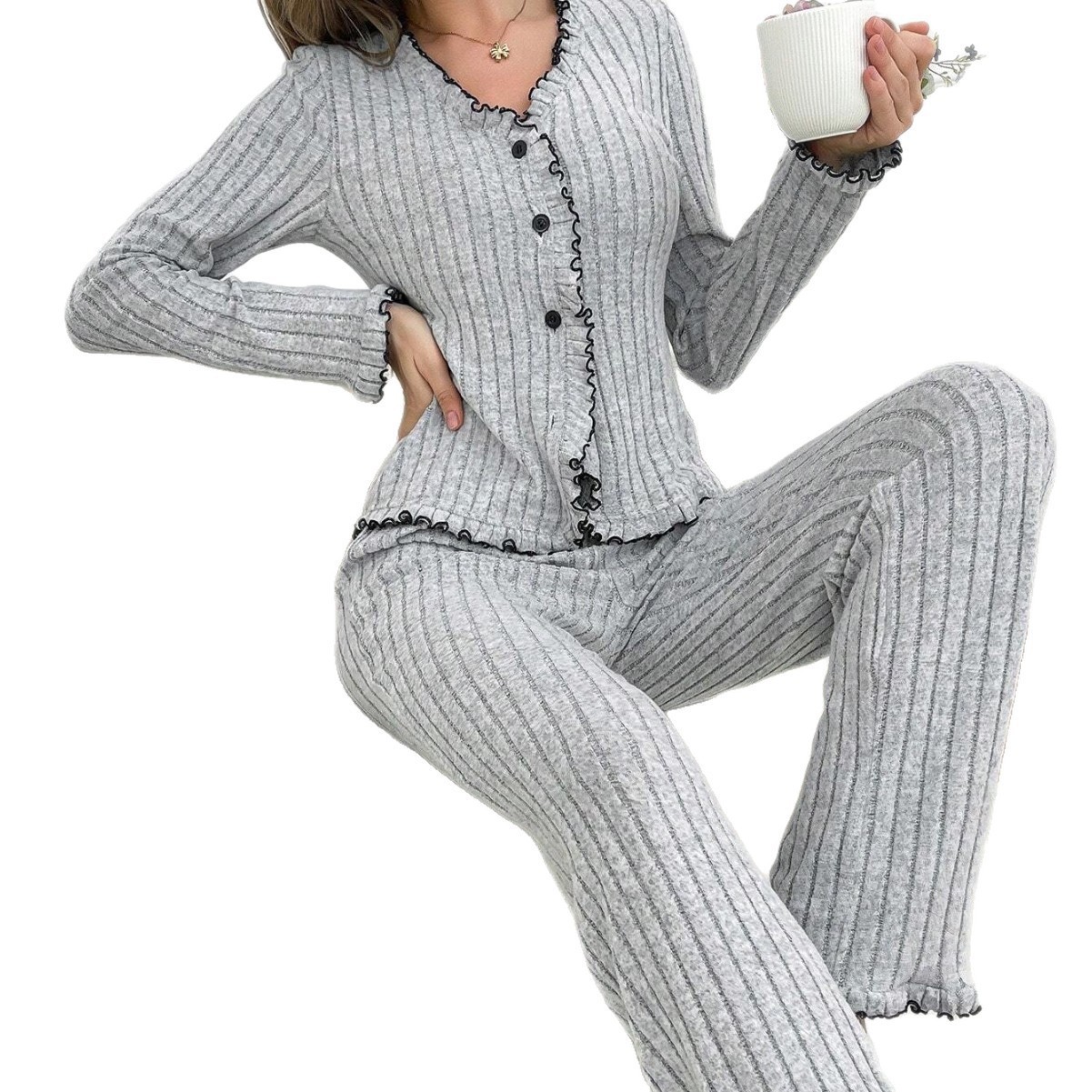 Womens Breathable Casual Cardigan Loungewear Set - Image 2
